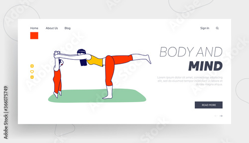 Yoga Exercises with Child Landing Page Template. Woman Character Doing Stretching or Fitness, Sports Healthy Lifestyle