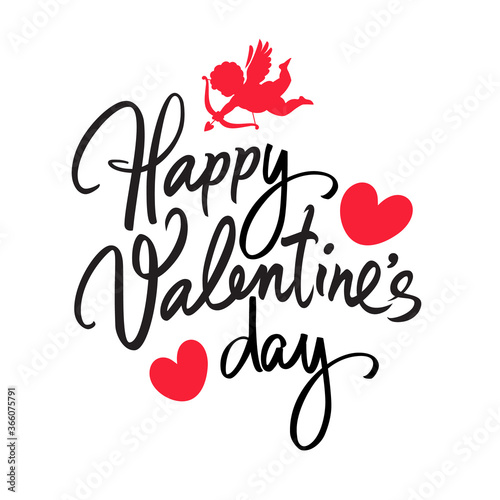 Happy Valentines Day handwritten lettering. Black calligraphic text with two red hearts and Cupid aiming a bow
