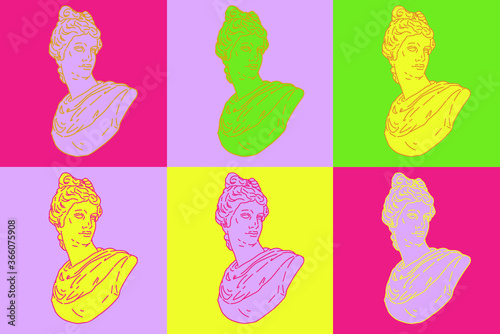 Pop art style collage with colorful gypsum heads. Illustration with psychedelic trippy vibe.