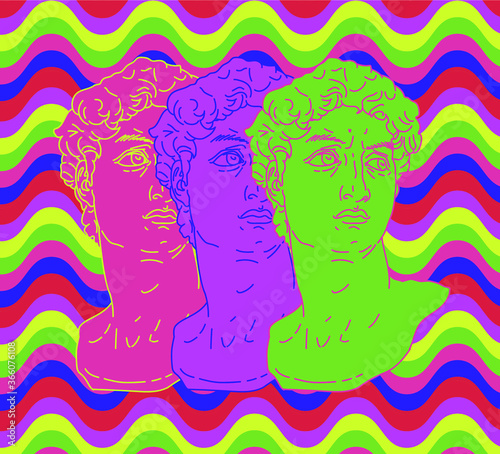 Pop art style collage with colorful gypsum heads.
