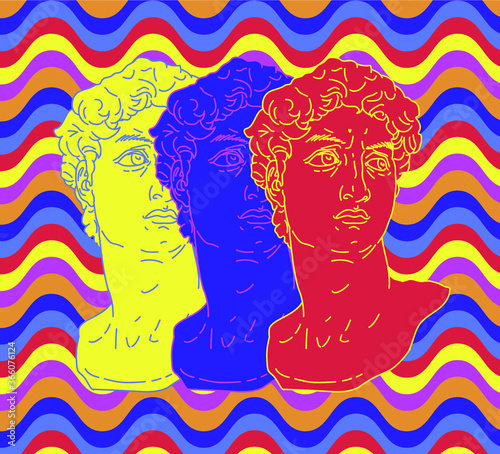 Pop art style collage with colorful gypsum heads.