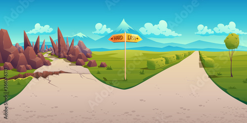 Concept of choice between hard and easy way. Vector cartoon landscape with road fork, direction sign, curvy path with rocks and straight simple road. Problem of choosing way