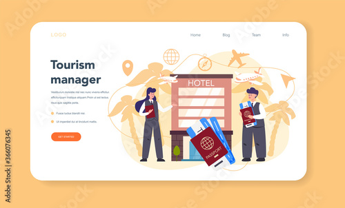Travel agent web banner or landing page. Office worker selling tour,