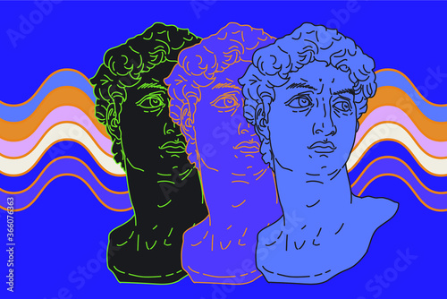 Pop art style collage with colorful gypsum heads.