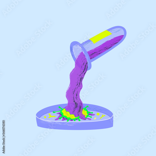A test tube vaccine destroys the virus. A vaccine that kills the virus molecule is poured from the cone. Flu shot. Flat vector stock illustration. Infection control.