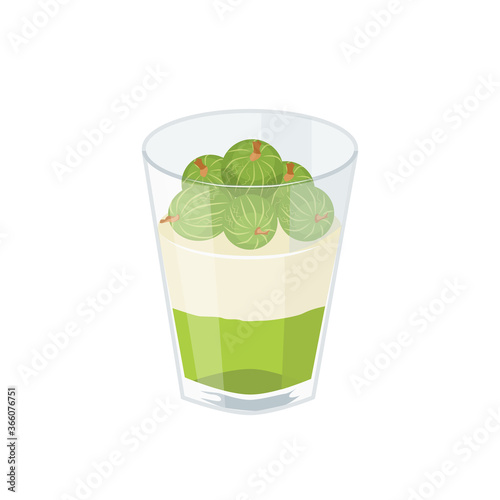 Dessert with gooseberries in a glass. Gooseberry jelly, whipped cream and berries. Vector illustration.