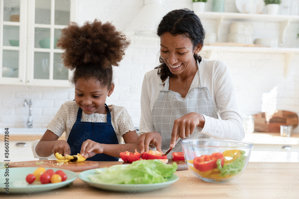 Smiling young african American mother and small daughter chop vegetables prepare healthy vegetarian salad in kitchen, happy biracial mom teach little girl child cooking food at home, dieting concept Smiling young african American mother and small daughter chop vegetables prepare healthy vegetarian salad in kitchen, happy biracial mom teach little girl child cooking food at home, dieting concept