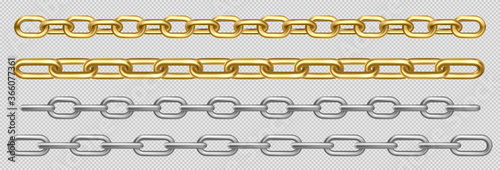 Metal chain of silver, chrome, steel or golden links. Border with connected stainless rings. Straight heavy grey, yellow decorative elements isolated on transparent background realistic 3d vector set photo
