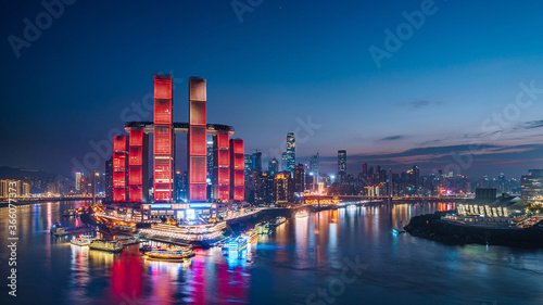 High-view night scenery of Chaotianmen Pier, Chongqing, China © Govan