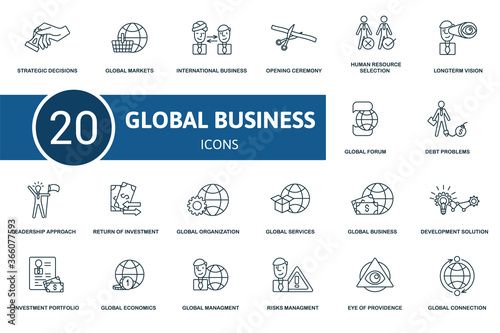 Global Business icon set. Collection contain global management, strategic decisions, leadership approach, global organization and over icons. Global Business elements set.