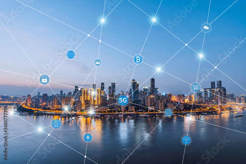 Photos Big data concept for interconnection of tall buildings and cities along the Yang