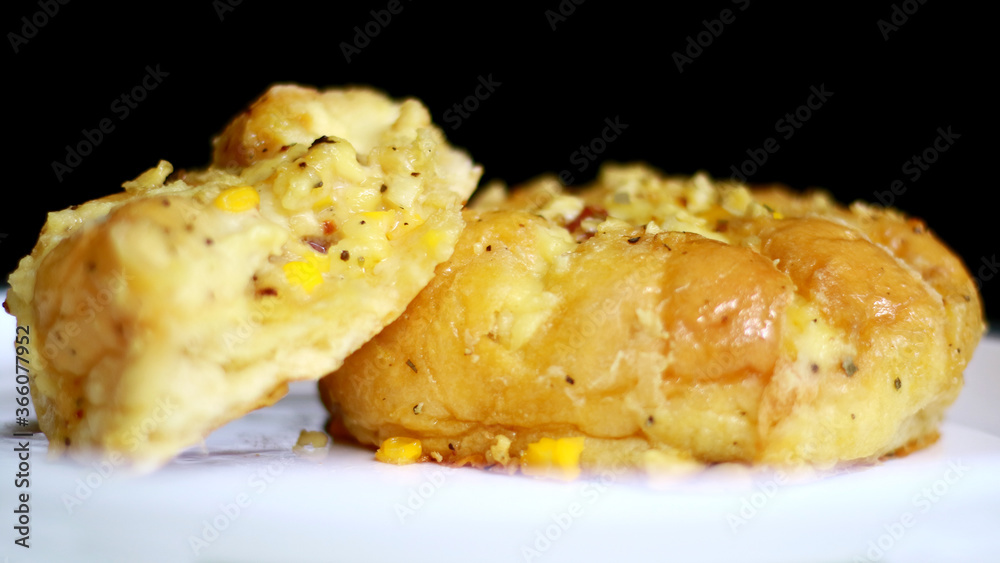 Korean garlic cheese bread on white background. Korean garlic cheese bread on white background.