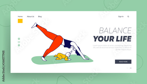 Yoga Class Practice with Child Landing Page Template. Woman Character Stand in Yoga Posture Exercising with Baby at Home