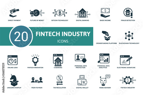 Fintech Industry icon set. Collection contain robo advisor, peer-to-peer, fintech innovation, digital wallet and over icons. Fintech Industry elements set.