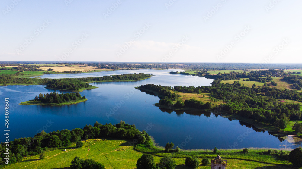 panoramic view from above of the blue lakes in the forest. the view from the top.