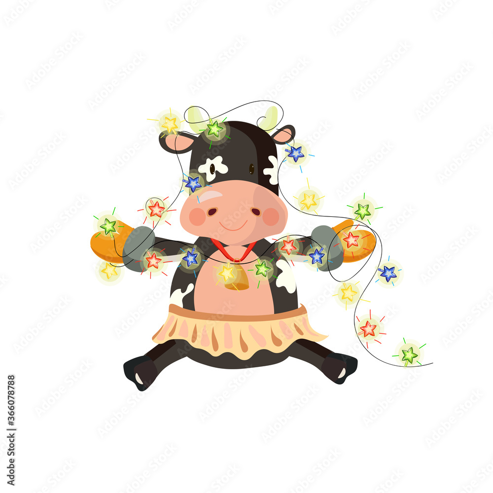 Chinese new year 2021 illustration with ox girl holding decorating garland for christmas tree. Vector illustration.