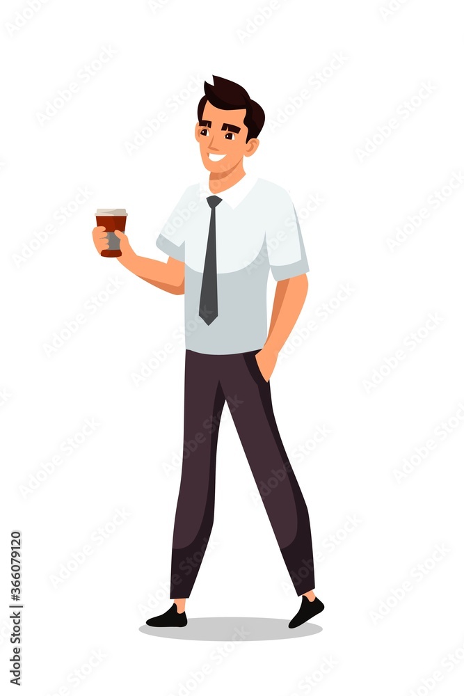 Businessman holding glass of coffee. Male office worker on coffee break. Smiling man drinking beverage, person isolated on white background. Vector character illustration. Businessman holding glass of coffee. Male office worker on coffee break. Smiling man drinking beverage, person isolated on white background. Vector character illustration.