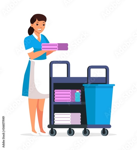 Maid with trolley, fresh towels, person isolated