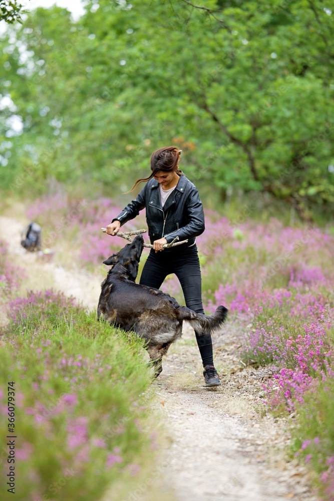 Jeune femme qui joue avec un chien noir sur un chemin de fleur en forêt - nature aventure campagne 