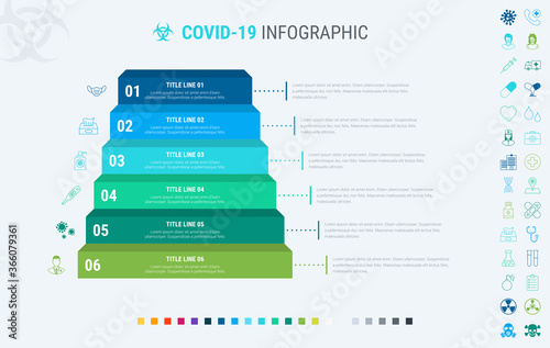 Covid-19 infographic template. 6 steps to prevent coronavirus, designed with beautiful colors. Vector timeline elements for print, presentations or internet. Many additional icons.
