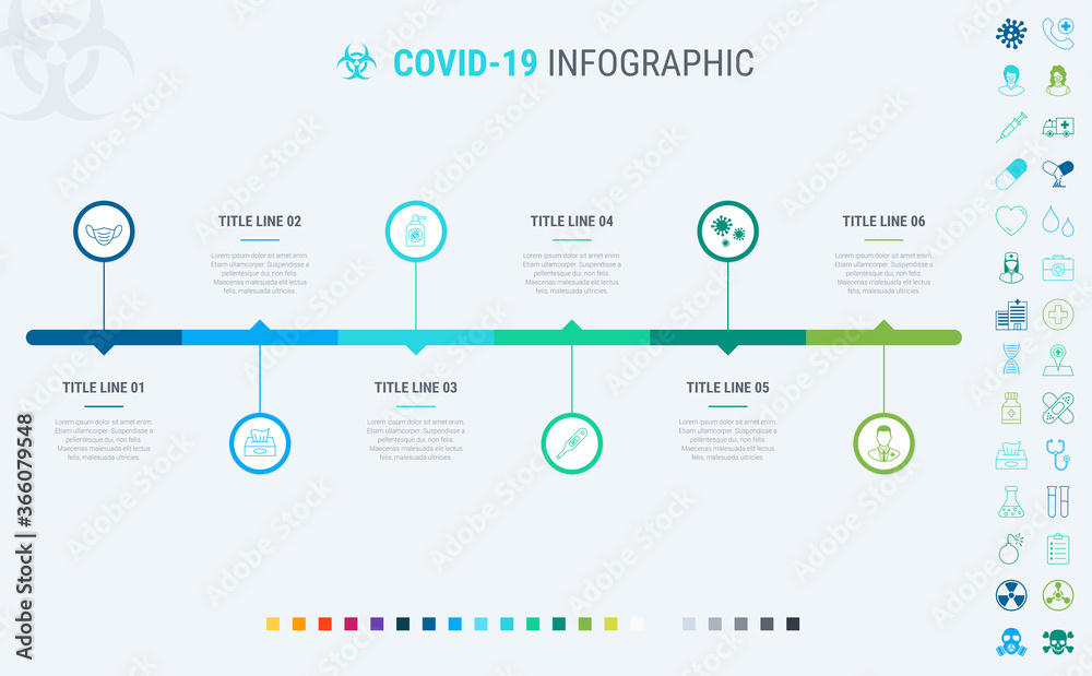 Coronavirus timeline. Covid-19 infographic template, 6 steps. Process and workflow layout. Vector infographic timeline template. How to prevent coronavirus? Many additional icons.
Coronavirus timeline. Covid-19 infographic template, 6 steps. Process and workflow layout. Vector infographic timeline template. How to prevent coronavirus? Many additional icons.
