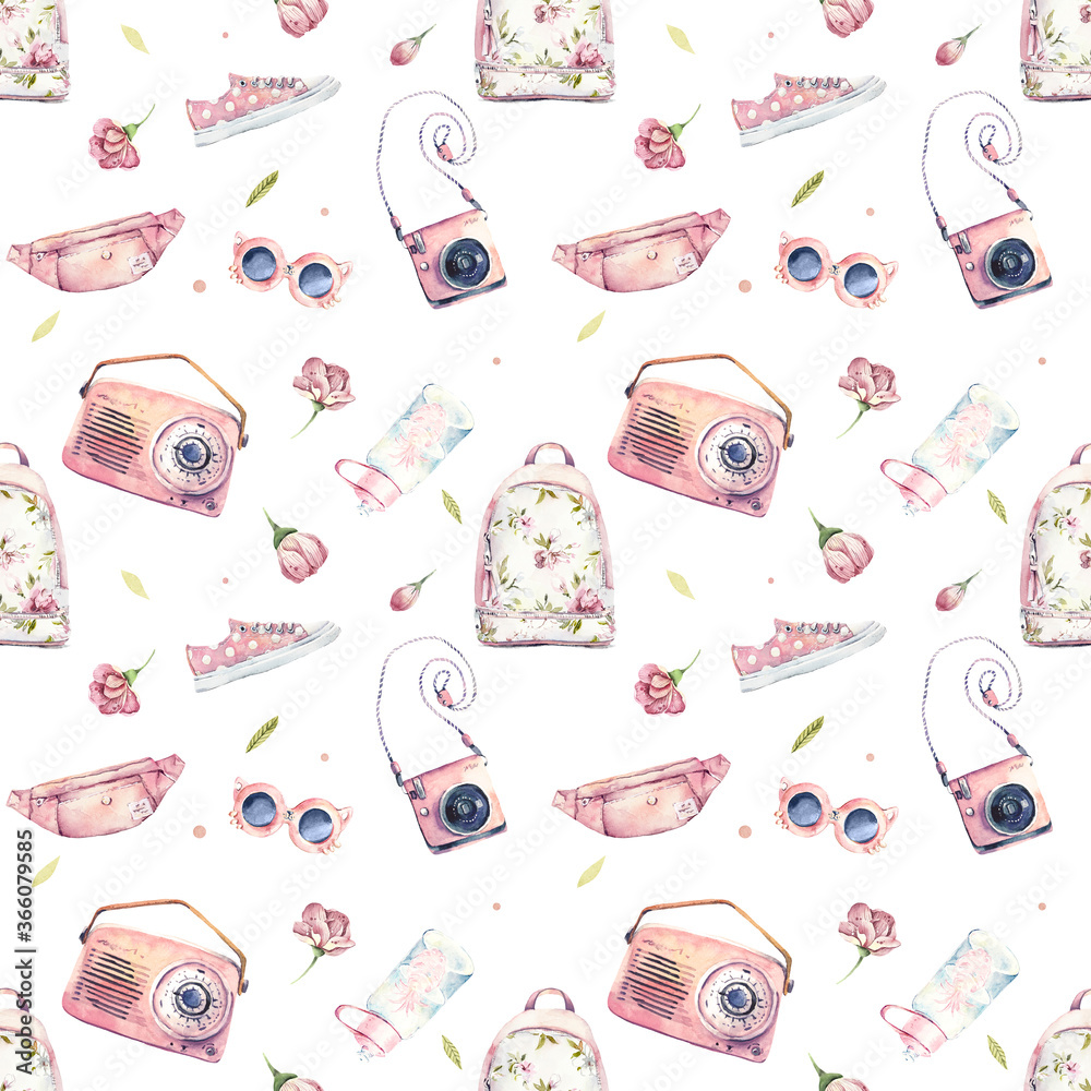 Watercolor seamless pink pattern on a white background. Hand-drawn seamless pattern with shoes, camera, glasses, pink bag.
