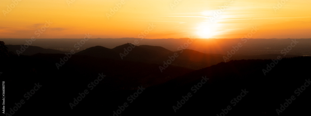 Breathtaking panorama of the Black Forest landscape in the evening during sunset, with fog, black silhouette of fir trees and forest