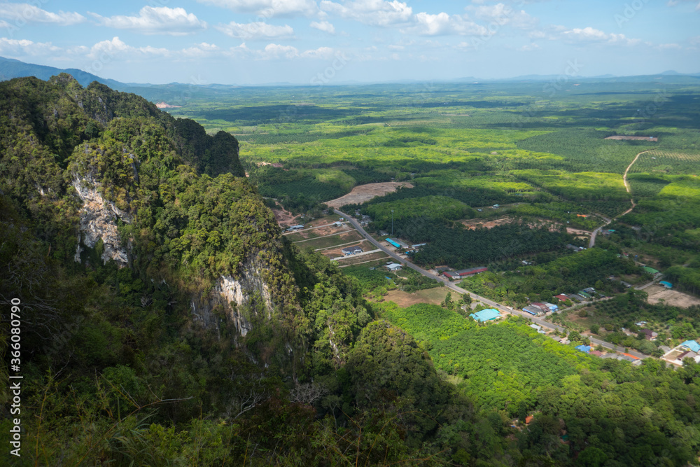 View from the mountain at Tiger Cave Temple, witch is a Buddhist temple northeast of Krabi in southern Thailand. 
