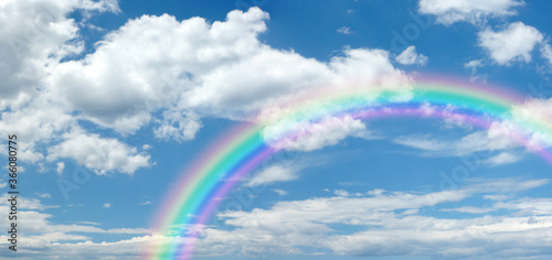 Fototapeta Naklejka Na Ścianę i Meble -  Sunny summer blue sky panoramic rainbow - big fluffy clouds with a giant arcing rainbow against a beautiful summertime blue sky with copy space for messages
