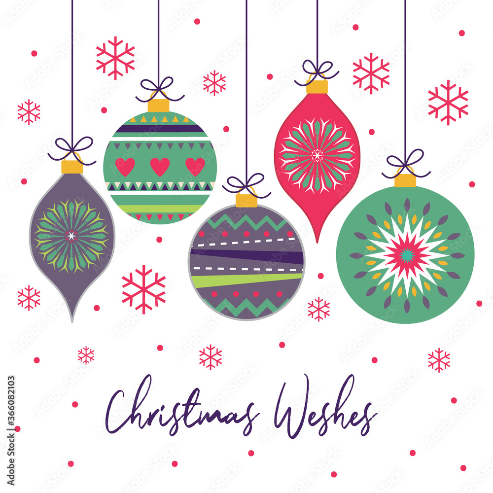 Naklejka premium Christmas greeting with Hanging decoration baubles design, vector illustration