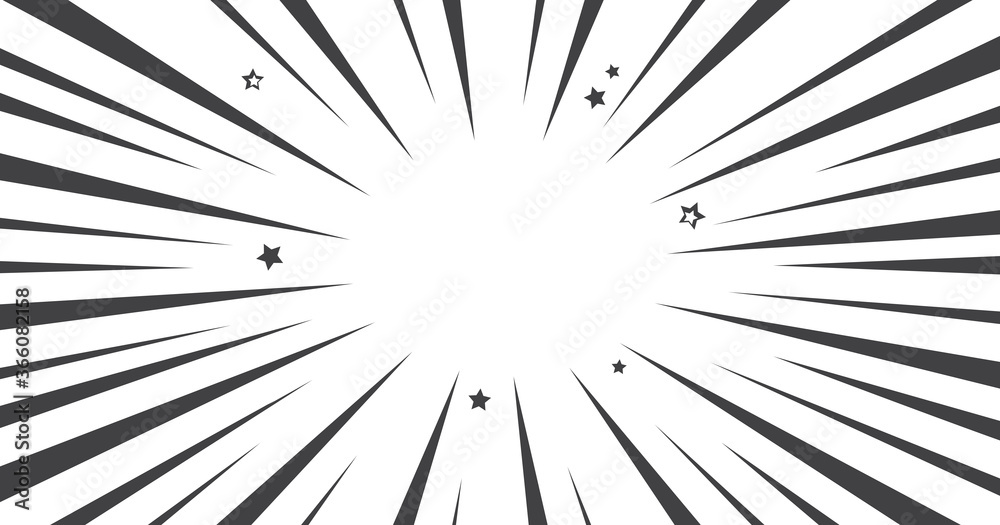 Black and white comic pop art abstract halftone background with sunbeams, stars, space for your text. Vector illustration