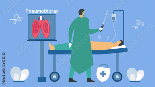 Pneumothorax is happened when air leaks into space between chest wall and lung. Pulmonology vector illustration about restrictive lung disease.