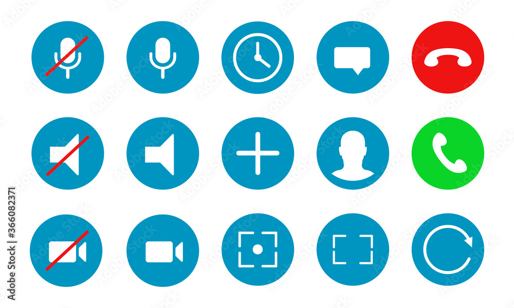 Video call icons big set. Social connection icons. Different buttons. Vector illustration. Video call icons big set. Social connection icons. Different buttons. Vector illustration.