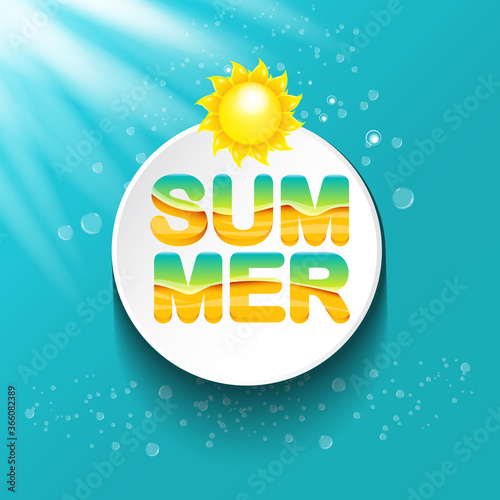 vector special offer summer label design template . Summer sale banner or badge with beautiful sun and calligraphic text on azure background with sun lights