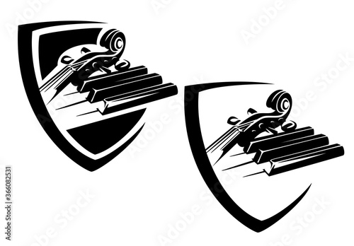 piano keys and cello neck in heraldic shield - classical music black and white vector emblem design