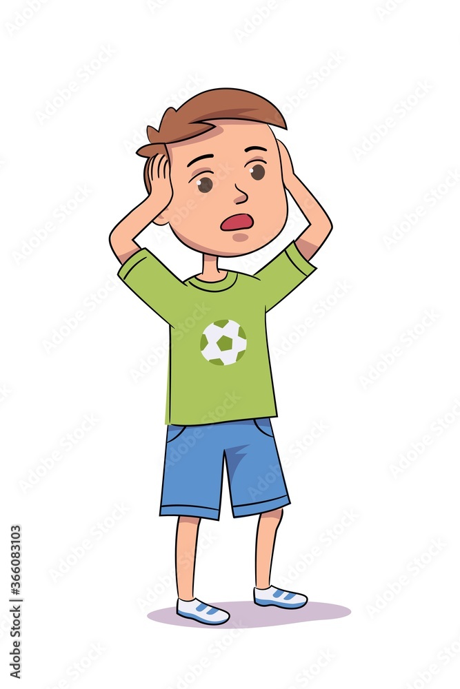 Surprised shocked boy clasped head in his hands. Child isolated on white background. Vector character illustration of children gestures, emotions, types of moods. Surprised shocked boy clasped head in his hands. Child isolated on white background. Vector character illustration of children gestures, emotions, types of moods.