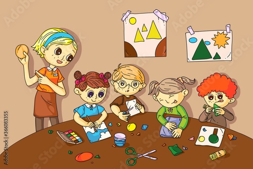 Kids with teacher at creative art masterclass