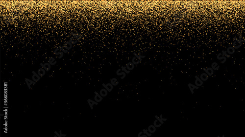 Festive vector background with gold glitter and confetti for christmas celebration. Black background with glowing golden particles.