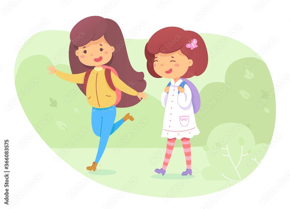Schoolgirls with backpacks go to school together Schoolgirls with backpacks go to school together