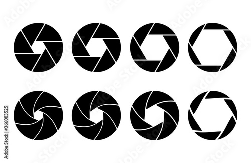 Camera shutter aperture icon set. Black zoom lens for focus. Silhouette photographic shot design with open and closed mode lens. Optics focal logo. Vector.