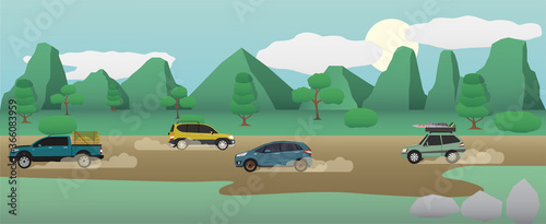 Transportation in rural areas with cars running on dirt roads. With a large mountain background and wide nature.