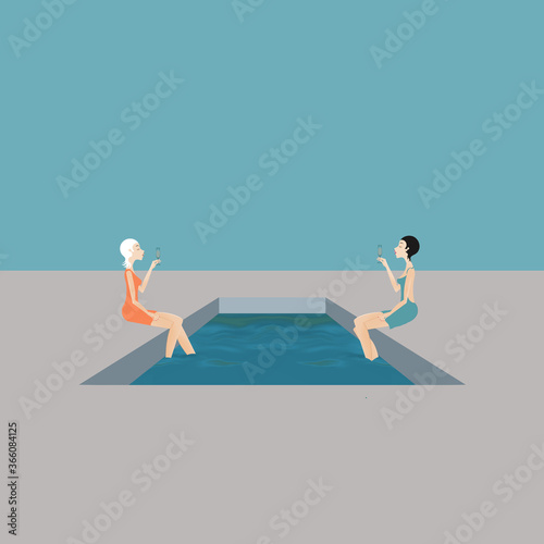 woman at pool  cocktail  vacation concept  illustration