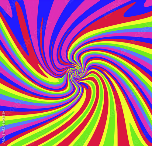 Trippy Retro Background for 60s-70s Parties with Bright Acid Rainbow Colors and Groovy Geometric Wavy Pattern in Pop Art style. Conceptual illustration for LSD trip or other psychedelic experiences.