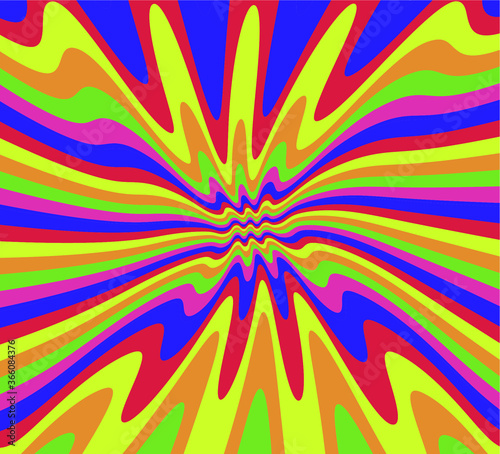 Trippy Retro Background for 60s-70s Parties with Bright Acid Rainbow Colors and Groovy Geometric Wavy Pattern in Pop Art style. Conceptual illustration for LSD trip or other psychedelic experiences.