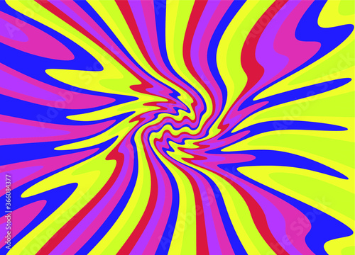 Trippy Retro Background for 60s-70s Parties with Bright Acid Rainbow Colors and Groovy Geometric Wavy Pattern in Pop Art style. Conceptual illustration for LSD trip or other psychedelic experiences.