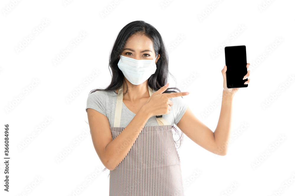 Isolated women wearing medical flu masks and aprons pointed smartphone Isolated women wearing medical flu masks and aprons pointed smartphone