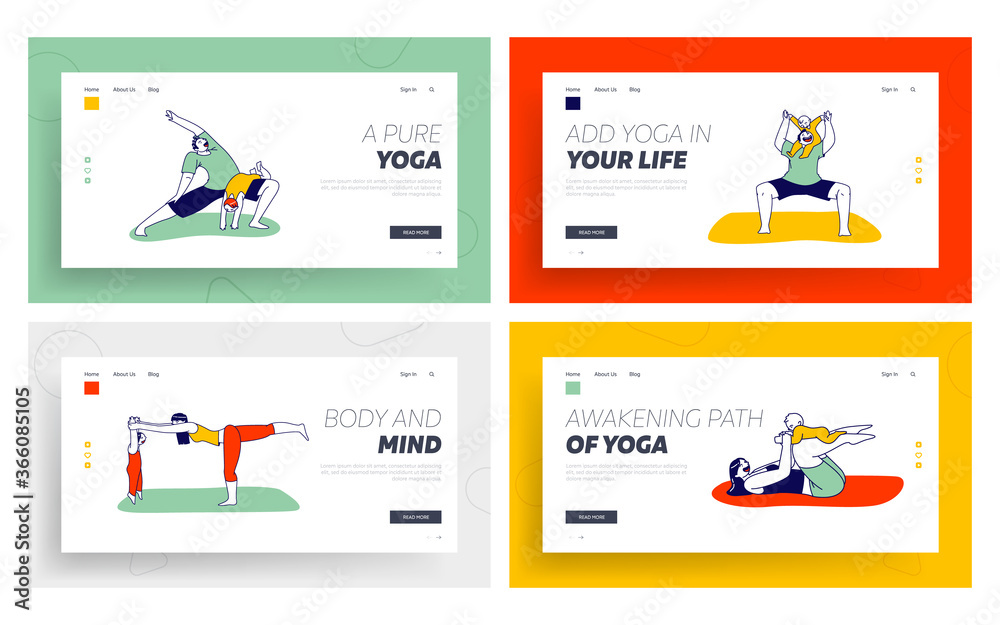 Family Yoga with Baby Landing Page Template Set. Dad and Mom Characters Doing Fitness Exercise Workout Together with Kid Family Yoga with Baby Landing Page Template Set. Dad and Mom Characters Doing Fitness Exercise Workout Together with Kid