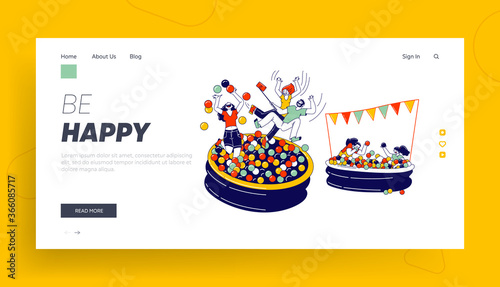Characters Playing in Ball Pool Landing Page Template. Amusement Park Recreation, Birthday or Event Celebration, Fun