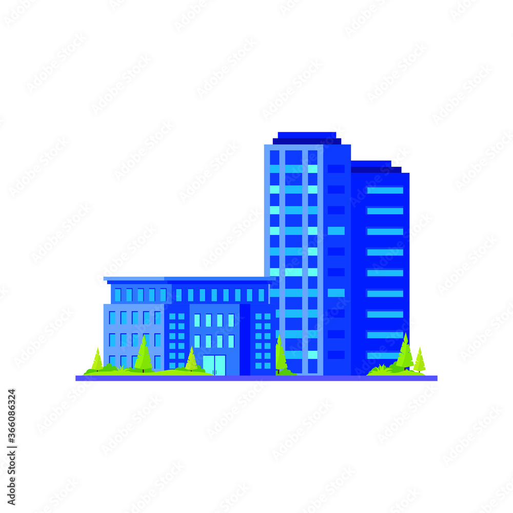 modern skyscrapers vector icon. Blue and purple Urban buildings with plants, trees and landscape. Vector illustration
