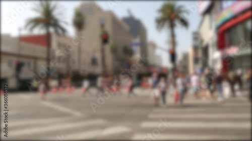 Walk of fame promenade, Los Angeles, Hollywood boulevard, California, USA. Pedastrians walking on on crossroad of streets. Entertainment and cinema industry iconic tourist landmark. Palms in LA city. photo